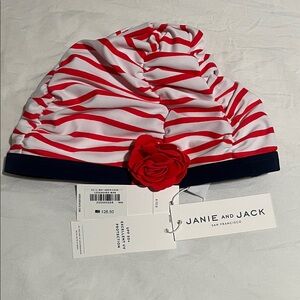 Janie and Jack Red and White Recycled Striped Kids Swim Hat Size 6-8 NEW